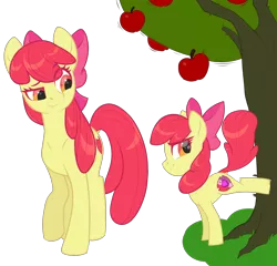 Size: 2868x2748 | Tagged: safe, artist:moonseeker, derpibooru import, apple bloom, earth pony, pony, apple, apple tree, duality, female, filly, food, mare, older, older apple bloom, self ponidox, simple background, solo, time paradox, transparent background, tree