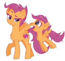 Size: 2532x2396 | Tagged: safe, artist:moonseeker, derpibooru import, scootaloo, pegasus, pony, chest fluff, duality, female, filly, mare, older, older scootaloo, self ponidox, simple background, solo, time paradox, transparent background