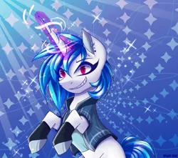 Size: 1700x1500 | Tagged: safe, artist:spirit-fire360, derpibooru import, vinyl scratch, pony, unicorn, abstract background, clothes, ear piercing, earring, glowing horn, grin, horn, jewelry, long horn, piercing, rearing, shirt, smiling, solo