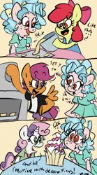 Size: 444x800 | Tagged: safe, artist:mirabuncupcakes15, derpibooru import, apple bloom, cozy glow, scootaloo, sweetie belle, earth pony, pegasus, pony, unicorn, comic:cozy glow bakes, baking, baking tray, belt, clothes, comic, cupcake, cutie mark crusaders, dress, female, filly, food, freckles, jacket, leather jacket, open mouth, oven, pot, shirt, shorts, starry eyes, t-shirt, wingding eyes