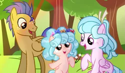 Size: 1181x695 | Tagged: safe, artist:lilith1light, derpibooru import, cozy glow, oc, pegasus, pony, cozybetes, cute, female, filly, floral head wreath, flower, hairband, male, mare, parent, smiling, stallion, tree