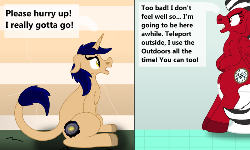 Size: 1280x771 | Tagged: safe, artist:lynnthenerdkitty, derpibooru import, oc, oc:delta, oc:shatter, pegasus, pony, unicorn, but why, desperation, implied pooping, need to pee, omorashi, potty emergency, potty time, toilet