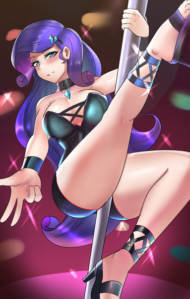 Size: 800x1253 | Tagged: anime, armpits, artist:tzc, blushing, breasts, busty rarity, choker, clothes, derpibooru import, dress, female, high heels, human, humanized, legs, pole dancing, rarity, sexy, shoes, solo, solo female, stripper, stripper pole, stupid sexy rarity, suggestive, thighs