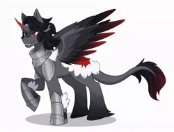 Size: 1000x761 | Tagged: safe, artist:ezariel, derpibooru import, king sombra, oc, alicorn, pony, alicorn oc, alicornified, armor, black and red, black mane, colored wings, colored wingtips, curved horn, fangs, g5, hooves, horn, king sombra (g5), leonine tail, male, male alicorn, male alicorn oc, race swap, raised hoof, redesign, shoulder pads, sombracorn, spread wings, stallion, unconvincing armor, wings