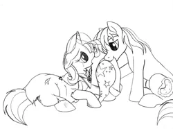 Size: 1024x763 | Tagged: safe, artist:blazelupine, derpibooru import, trixie, oc, oc:pickles, pony, unicorn, magic duel, alicorn amulet, canon x oc, clothes, coat, crying, duo, female, hat, male, monochrome, mouth hold, shipping, simple background, straight, torn clothes, traditional art, trikles, trixie's hat, white background