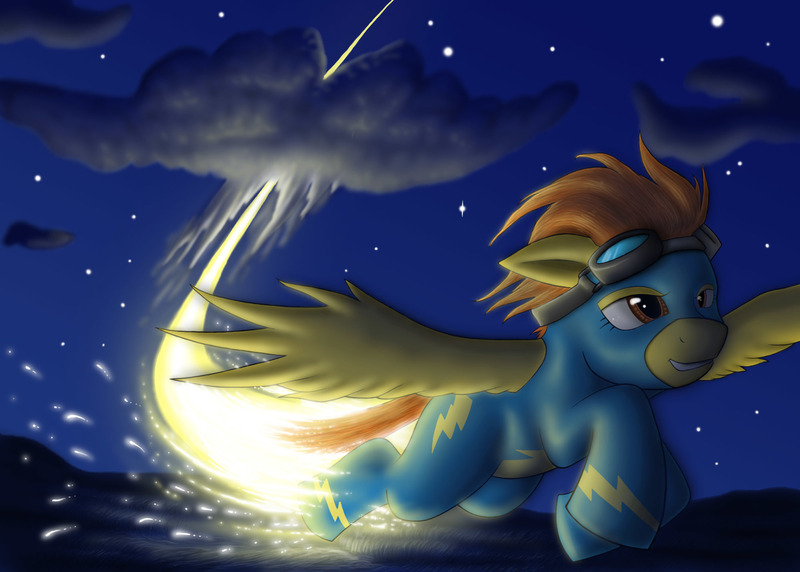 Size: 2000x1429 | Tagged: safe, artist:anadukune, derpibooru import, spitfire, pegasus, pony, clothes, cloud, contest entry, female, fire trail, flying, goggles, mare, night, night sky, sky, solo, sparks, spitfiery, splitting, spread wings, stars, uniform, wings, wonderbolts uniform