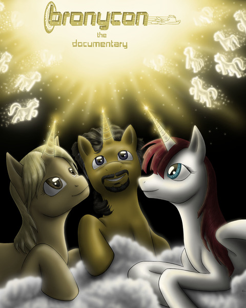 Size: 2400x3000 | Tagged: safe, artist:anadukune, derpibooru import, oc, oc:fausticorn, ponified, alicorn, pony, unicorn, bronycon documentary, cloud, contest entry, female, glow, glowing horn, high res, horn, john de lancie, lauren faust, looking up, male, mare, prone, silhouette, smiling, sparkles, stallion, tara strong, title, trio