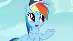 Size: 1920x1080 | Tagged: safe, derpibooru import, screencap, rainbow dash, pegasus, pony, 2 4 6 greaaat, bust, coach rainbow dash, coaching cap, cute, dashabetes, flying, rainbow dashs coaching whistle, smiling, solo, whistle, whistle necklace