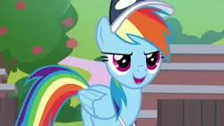 Size: 1920x1080 | Tagged: safe, derpibooru import, screencap, rainbow dash, pegasus, pony, 2 4 6 greaaat, cap, female, hat, mare, open mouth, solo