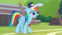 Size: 1920x1080 | Tagged: safe, derpibooru import, screencap, rainbow dash, pegasus, pony, 2 4 6 greaaat, cap, female, hat, mare, open mouth, smiling, solo