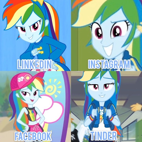 Size: 828x828 | Tagged: safe, derpibooru import, edit, edited screencap, screencap, rainbow dash, blue crushed, do it for the ponygram!, equestria girls, equestria girls (movie), equestria girls series, run to break free, spoiler:eqg series (season 2), challenge, dolly parton challenge, facebook, instagram, linkedin, meme, solo, tinder