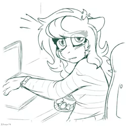 Size: 975x975 | Tagged: safe, artist:skoon, derpibooru import, wallflower blush, anthro, earth pony, equestria girls, clothes, computer, crying, eye clipping through hair, female, floppy ears, holding, laptop computer, looking at you, mare, memory stone, misleading, misleading thumbnail, monochrome, sitting, solo, sweater, teary eyes