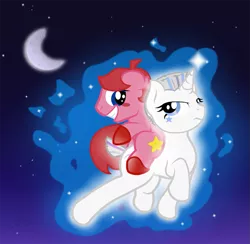 Size: 779x760 | Tagged: safe, artist:ravenpuff, deleted from derpibooru, derpibooru import, oc, oc:star shot, ponified, pony, unicorn, blush sticker, blushing, crescent moon, female, flying, grin, kirby, kirby (character), levitation, magic, male, mare, moon, night, ponies riding ponies, riding, self-levitation, smiling, stallion, stars, telekinesis, unamused