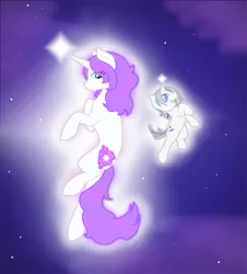 Size: 924x1024 | Tagged: safe, artist:ravenpuff, deleted from derpibooru, derpibooru import, oc, oc:nebula, oc:star shot, unofficial characters only, pony, unicorn, duo, female, filly, flying, glowing horn, horn, levitation, magic, mare, night, self-levitation, stars, telekinesis, unicorn oc