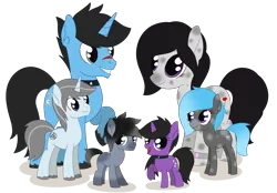 Size: 2678x1859 | Tagged: safe, artist:dyonys, derpibooru import, oc, oc:dusk shine, oc:glory shine, oc:icy shine, oc:rosaline mollycoddle, oc:silver shine, oc:velvet shine, unofficial characters only, earth pony, pony, unicorn, bracelet, choker, colt, family, female, foal, jewelry, looking at each other, looking at you, male, mare, raised hoof, scar, show accurate, simple background, smiling, spots, stallion, transparent background