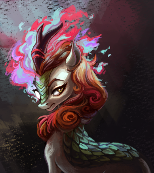 Size: 1337x1500 | Tagged: artist:weird--fish, autumn blaze, autumn blaze is not amused, derpibooru import, duality, female, fire, heterochromia, imminent nirik, kirin, safe, solo