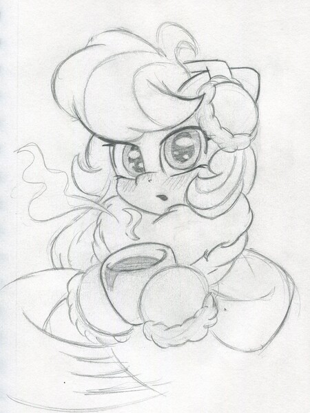 Size: 1730x2307 | Tagged: adorable face, artist:zemer, blushing, chest fluff, clothes, cute, derpibooru import, earmuffs, female, floppy ears, fluffy, hoof hold, looking at you, mare, monochrome, mug, oc, oc:feather belle, pegasus, safe, scarf, solo