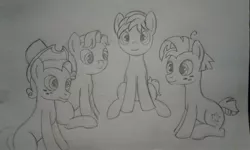 Size: 2560x1536 | Tagged: safe, artist:peternators, derpibooru import, biscuit, pistachio, sandbar, star tracker, earth pony, pony, male, me and the boys, monochrome, sitting, sketch, smiling, teenager, traditional art