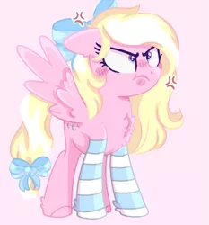 Size: 1003x1076 | Tagged: safe, artist:heidi, derpibooru import, oc, oc:bay breeze, unofficial characters only, pegasus, pony, angry, bow, chest fluff, clothes, cute, ear fluff, female, hair bow, looking up, mare, simple background, socks, striped socks, tail bow