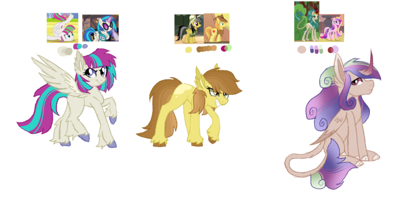 Size: 2384x1208 | Tagged: safe, artist:koloredkat, derpibooru import, edit, edited screencap, screencap, blossomforth, braeburn, daring do, rain shine, vinyl scratch, oc, alicorn, earth pony, hybrid, kirin, pegasus, pony, alicorn oc, clothes, contortionist, crack shipping, female, flexible, grin, hat, horn, interspecies, kirin oc, leonine tail, magical lesbian spawn, male, mare, offspring, parent:blossomforth, parent:braeburn, parent:daring do, parent:princess cadance, parent:rain shine, parent:vinyl scratch, pith helmet, raised hoof, screencap reference, shipping, smiling, stallion, sunglasses, unshorn fetlocks, wings