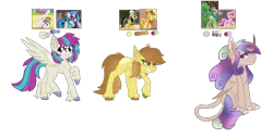 Size: 2384x1208 | Tagged: safe, artist:koloredkat, derpibooru import, edit, edited screencap, screencap, blossomforth, braeburn, daring do, rain shine, vinyl scratch, oc, alicorn, earth pony, hybrid, kirin, pegasus, pony, alicorn oc, clothes, contortionist, crack shipping, female, flexible, grin, hat, horn, interspecies, kirin oc, leonine tail, magical lesbian spawn, male, mare, offspring, parent:blossomforth, parent:braeburn, parent:daring do, parent:princess cadance, parent:rain shine, parent:vinyl scratch, pith helmet, raised hoof, screencap reference, shipping, smiling, stallion, sunglasses, unshorn fetlocks, wings