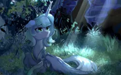 Size: 1167x721 | Tagged: safe, artist:tingsan, derpibooru import, princess luna, alicorn, pony, crepuscular rays, crown, female, floppy ears, hoof shoes, jewelry, leaf, leaves, mare, prone, regalia, s1 luna, solo