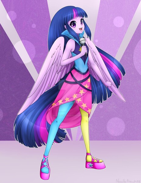 Size: 1024x1326 | Tagged: safe, artist:noodlefreak88, derpibooru import, twilight sparkle, twilight sparkle (alicorn), alicorn, equestria girls, rainbow rocks, clothes, cute, deviantart watermark, dress, female, leggings, looking at you, microphone, obtrusive watermark, open mouth, ponied up, rainbow rocks outfit, solo, starry eyes, twiabetes, watermark, wingding eyes