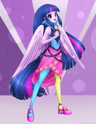 Size: 1024x1326 | Tagged: safe, artist:noodlefreak88, derpibooru import, twilight sparkle, twilight sparkle (alicorn), alicorn, equestria girls, rainbow rocks, clothes, cute, deviantart watermark, dress, female, leggings, looking at you, microphone, obtrusive watermark, open mouth, ponied up, rainbow rocks outfit, solo, starry eyes, twiabetes, watermark, wingding eyes