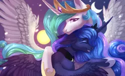 Size: 3300x2000 | Tagged: safe, artist:magicbalance, derpibooru import, princess celestia, princess luna, alicorn, pony, chest fluff, crescent moon, cute, day and night, duo, ear fluff, eyes closed, female, high res, hug, leg fluff, mare, moon, neck nuzzle, royal sisters, siblings, sisterly love, sisters, smiling, spread wings, sun, wings