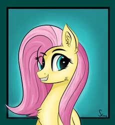 Size: 3687x4000 | Tagged: artist:someonex64, bust, cheek fluff, chest fluff, cute, derpibooru import, ear fluff, eye clipping through hair, fluttershy, grin, high res, portrait, safe, shyabetes, smiling, solo