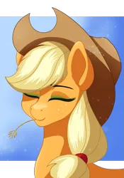 Size: 1119x1600 | Tagged: safe, artist:nathayro37, derpibooru import, applejack, earth pony, pony, abstract background, bust, cowboy hat, cute, eyes closed, female, hat, jackabetes, mare, portrait, smiling, solo, straw in mouth