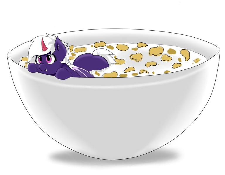 Size: 4096x3200 | Tagged: safe, artist:waffletheheadmare, derpibooru import, oc, unofficial characters only, bat pony, bowl, cereal, corn flakes, fangs, female, food, horn, mare, milk, pink eyes, purple coat, simple background, smiling, tooth, white mane, wings