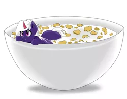 Size: 4096x3200 | Tagged: safe, artist:waffletheheadmare, derpibooru import, oc, unofficial characters only, bat pony, bowl, cereal, corn flakes, fangs, female, food, horn, mare, milk, pink eyes, purple coat, simple background, smiling, tooth, white mane, wings