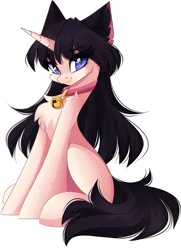 Size: 2168x2997 | Tagged: safe, artist:airiniblock, derpibooru import, oc, unofficial characters only, cat, cat pony, original species, pony, unicorn, behaving like a cat, bell, bell collar, chest fluff, collar, commission, female, high res, looking at you, mare, simple background, sitting, slit pupils, solo, white background