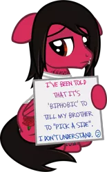 Size: 731x1181 | Tagged: safe, artist:lightningbolt, derpibooru import, ponified, pegasus, pony, .svg available, biphobia, clothes, floppy ears, folded wings, frown, hoof hold, lidded eyes, lip piercing, male, mike fuentes, piercing, pony shaming, shirt, sign, simple background, sitting, solo, stallion, svg, t-shirt, tattoo, transparent background, vector, wings