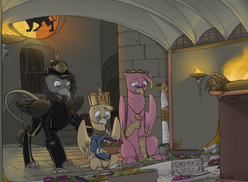 Size: 1500x1100 | Tagged: safe, artist:sinrar, derpibooru import, oc, oc:gabriela eagleclaw, oc:grover vi, unofficial characters only, gryphon, equestria at war mod, armor, clothes, crown, crypt, fire, flag, flower, grave, group, jewelry, pickelhaube, regalia, sad, stained glass, sword, weapon
