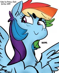 Size: 798x1000 | Tagged: safe, artist:princeclark, artist:xieril, color edit, derpibooru import, edit, rainbow dash, pegasus, pony, beanbrows, bust, chest fluff, colored, eyebrows, female, mare, simple background, smiling, smirk, solo, spread wings, white background, wings