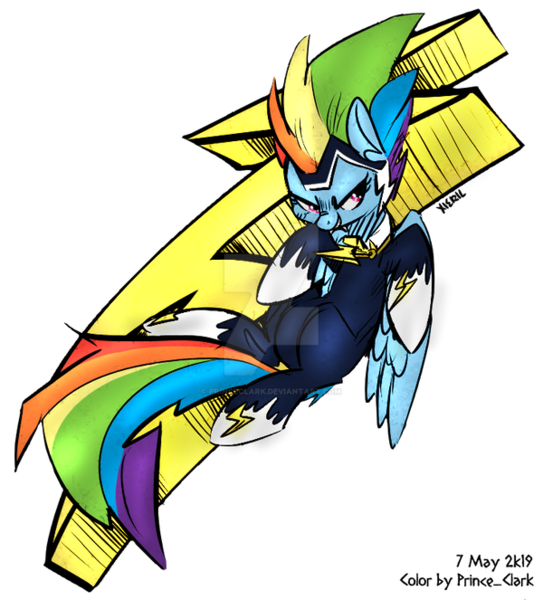 Size: 600x663 | Tagged: safe, artist:princeclark, artist:xieril, color edit, derpibooru import, edit, rainbow dash, zapp, pegasus, pony, power ponies (episode), abstract background, colored, female, grin, mare, power ponies, smiling, solo, wings