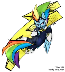 Size: 600x663 | Tagged: safe, artist:princeclark, artist:xieril, color edit, derpibooru import, edit, rainbow dash, zapp, pegasus, pony, power ponies (episode), abstract background, colored, female, grin, mare, power ponies, smiling, solo, wings