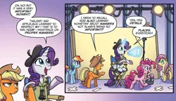 Size: 2302x1330 | Tagged: safe, artist:tonyfleecs, derpibooru import, idw, applejack, fluttershy, pinkie pie, rainbow dash, rarity, earth pony, pegasus, pony, unicorn, spoiler:comic, spoiler:comic66, annoyed, beret, chair, clothes, comic, cropped, director's chair, female, hat, jacket, magic, magic aura, mare, megaphone, speech bubble, telekinesis