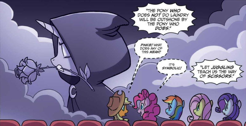 Size: 2384x1222 | Tagged: safe, artist:tonyfleecs, derpibooru import, idw, applejack, fluttershy, pinkie pie, rainbow dash, rarity, pony, unicorn, spoiler:comic, spoiler:comic66, cropped, female, flower, flower in mouth, hood, mare, mouth hold, movie, rose, speech bubble, whispering