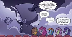 Size: 2384x1222 | Tagged: safe, artist:tonyfleecs, derpibooru import, idw, applejack, fluttershy, pinkie pie, rainbow dash, rarity, pony, unicorn, spoiler:comic, spoiler:comic66, cropped, female, flower, flower in mouth, hood, mare, mouth hold, movie, rose, speech bubble, whispering