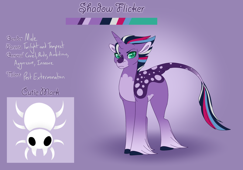 Size: 3500x2454 | Tagged: safe, artist:clay-bae, derpibooru import, oc, oc:shadow flicker, pony, unicorn, magical lesbian spawn, male, offspring, parent:tempest shadow, parent:twilight sparkle, parents:tempestlight, reference sheet, solo, stallion