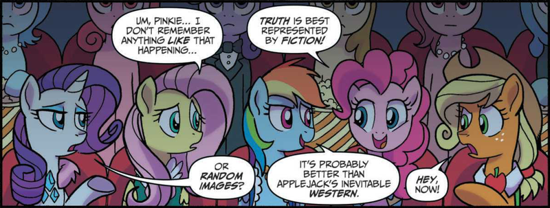 Size: 2406x910 | Tagged: safe, artist:tonyfleecs, derpibooru import, idw, applejack, fluttershy, pinkie pie, rainbow dash, rarity, pony, unicorn, spoiler:comic, spoiler:comic66, clothes, cropped, female, mare, speech bubble