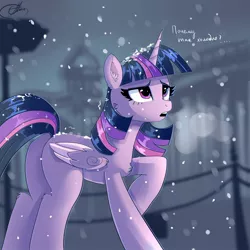 Size: 1280x1280 | Tagged: safe, artist:xjenn9, derpibooru import, twilight sparkle, twilight sparkle (alicorn), alicorn, pony, butt, cold, cyrillic, dialogue, female, mare, plot, russian, snow, snowfall, solo, winter