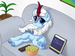 Size: 3200x2400 | Tagged: safe, artist:mercurysparkle, derpibooru import, oc, oc:eula phi, unofficial characters only, kirin, book, couch, female, food, kirinified, mare, nom, popcorn, remote, solo, species swap