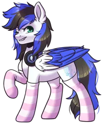 Size: 1024x1226 | Tagged: safe, artist:ak4neh, derpibooru import, oc, oc:black ice, unofficial characters only, pegasus, pony, clothes, female, headphones, mare, simple background, socks, solo, striped socks, transparent background