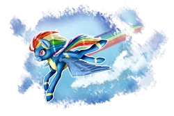 Size: 3000x2000 | Tagged: safe, artist:wolfchen999, derpibooru import, rainbow dash, pegasus, pony, clothes, female, flying, mare, simple background, solo, spread wings, transparent background, uniform, wings, wonderbolts uniform