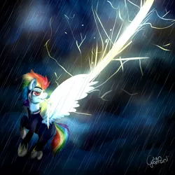 Size: 2000x2000 | Tagged: safe, artist:wolfchen999, derpibooru import, rainbow dash, zapp, pegasus, pony, badass, epic, female, flying, lightning, mare, power ponies, rain, solo, spread wings, storm, wings