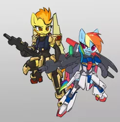 Size: 1280x1299 | Tagged: armor, artist:satv12, beam rifle, derpibooru import, duo, female, gray background, gundam, hyaku shiki, mobile suit gundam, rainbow dash, safe, semi-anthro, simple background, smiling, smirk, spitfire, weapon, zeta gundam